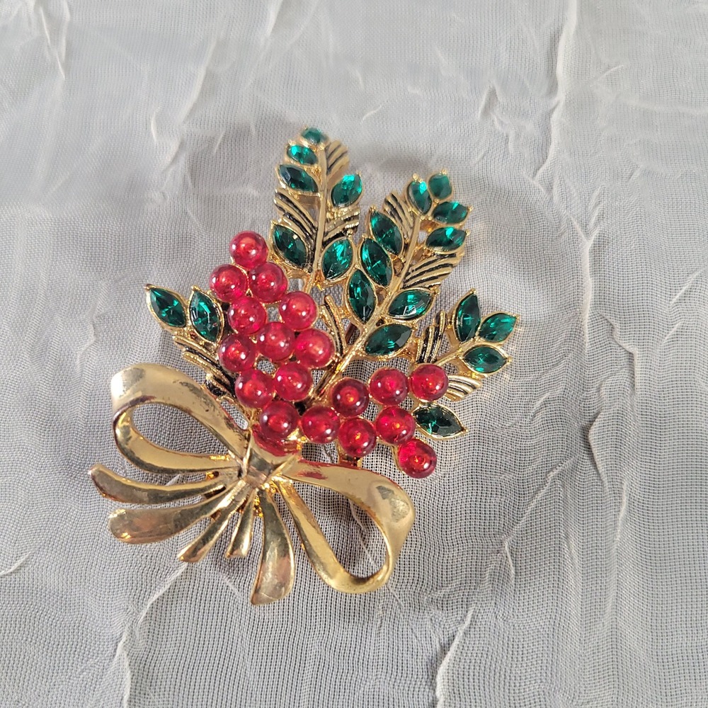 Monet Christmas Brooch Women Gold Red Green Rhinestone Berry Bow Holiday
